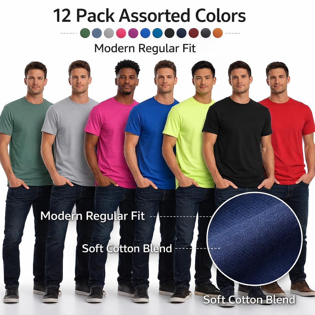 Optima Premium Cotton Crew Neck T-Shirts - 12 Pack Assorted Small