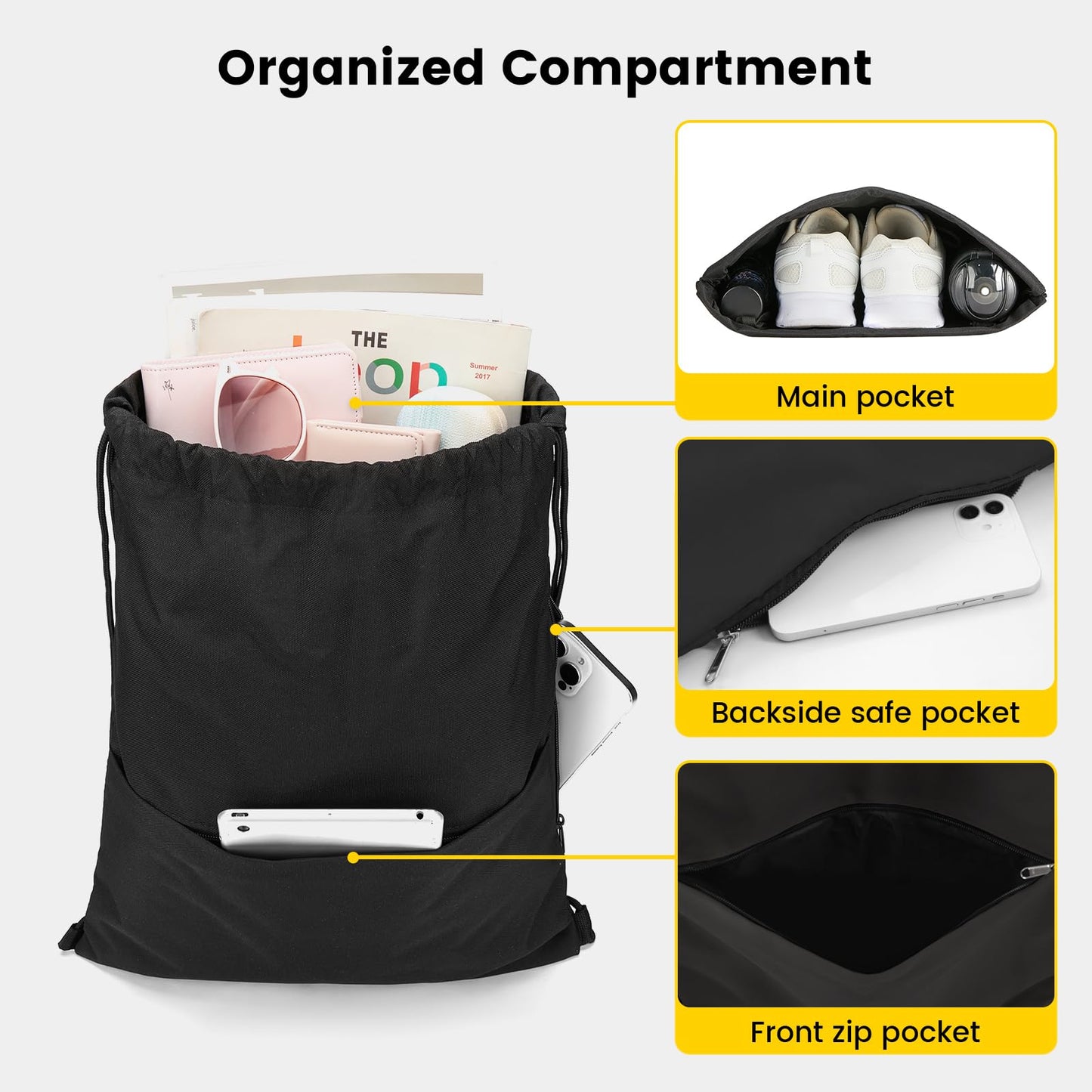 Optima Water-Resistant Drawstring Backpack with Side Pocket