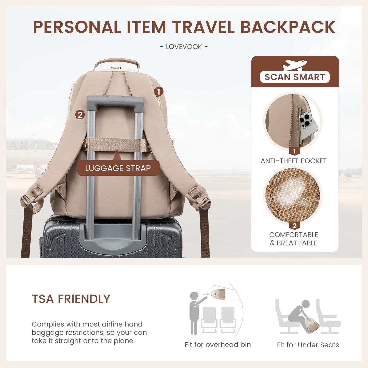 Optima Premium Laptop Backpack - 15.6 Inch, Beige Khaki, Travel Ready