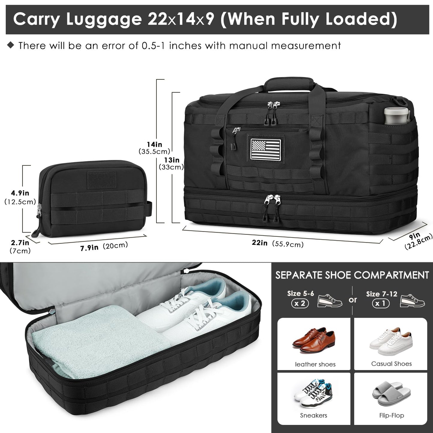 Optima Military Travel Duffel Bag with Shoe Compartment - Black