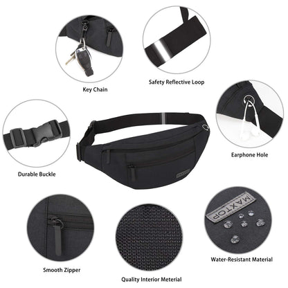 Optima Premium Large Waist Fanny Pack - 4-Zipper Pockets, Headphone Jack