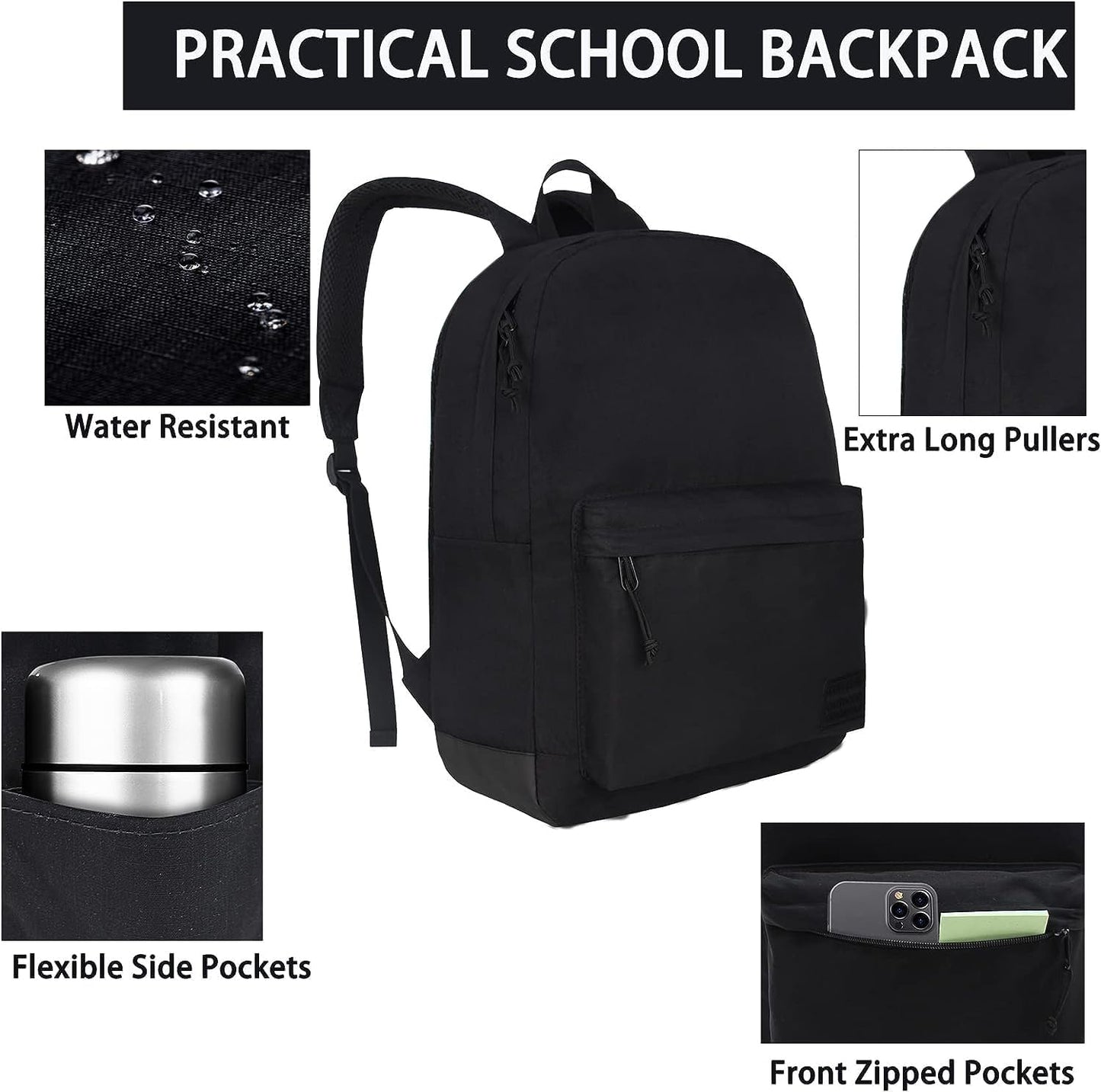 Optima Lightweight Casual Laptop Backpack - USB Charging, Full Black