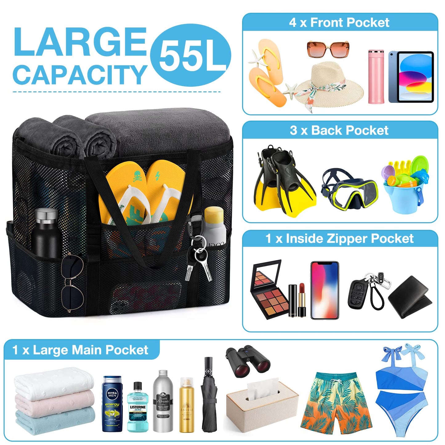 Optima Premium Waterproof Beach Tote Bag - Extra Large, Sandproof