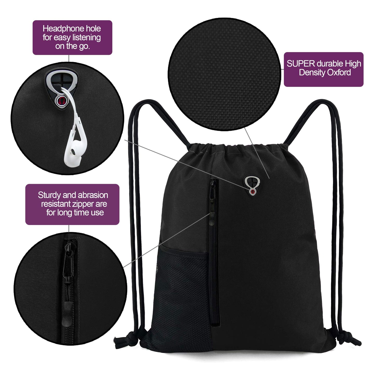Optima Premium Drawstring Gym Backpack - Black with Water Bottle Pockets