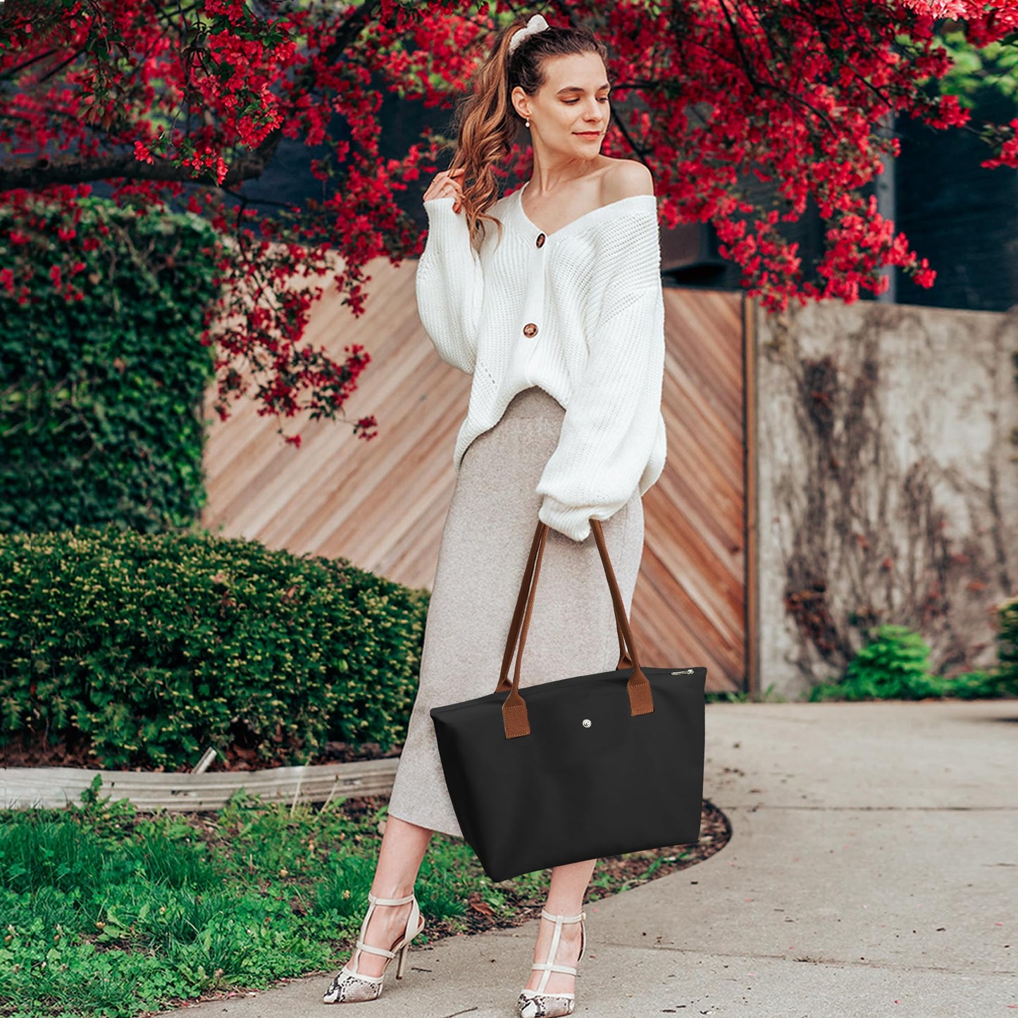 Optima Premium Nylon Tote Bag - Foldable Weekend Purse, Black M