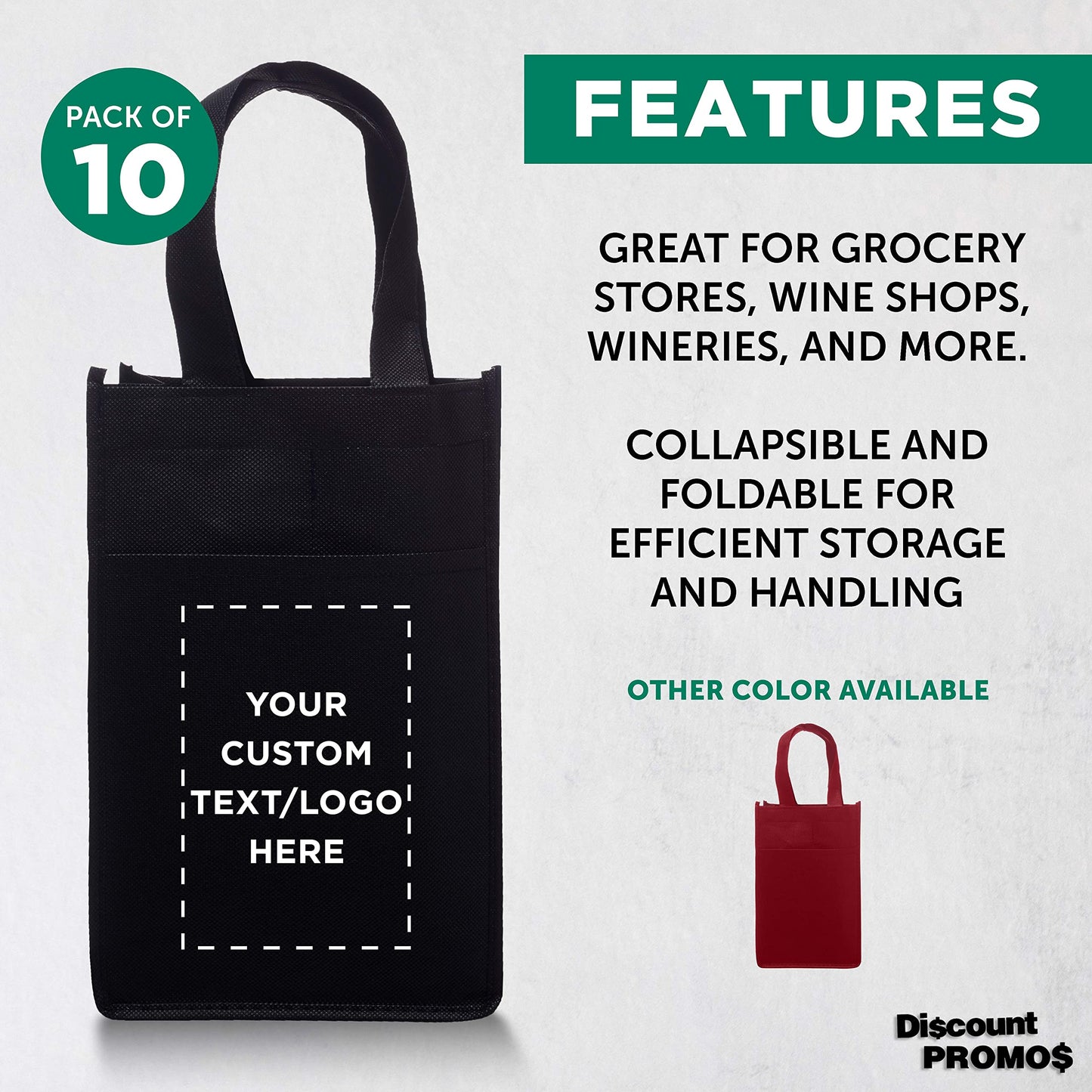 Optima Premium Two Bottle Wine Carrier - Reusable Non-Woven Set of 10