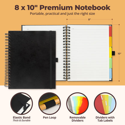 Optima Premium Leather Spiral Notebook - 8x10, 300 Pages, 5 Subject