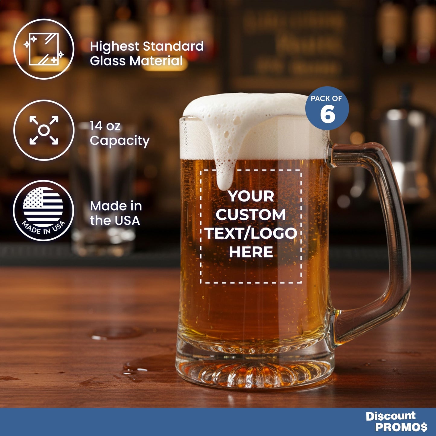 Optima Custom 14 oz Glass Beer Mugs - Set of 6 for Events