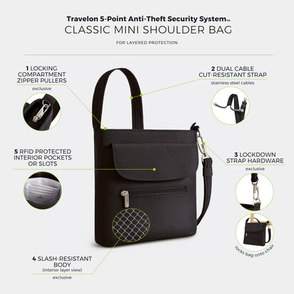 Optima Anti-Theft Mini Shoulder Bag - Black, Compact & Secure