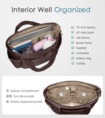 Optima Quilted Puffer Tote Bag - Lightweight, Zippered, Dark Brown