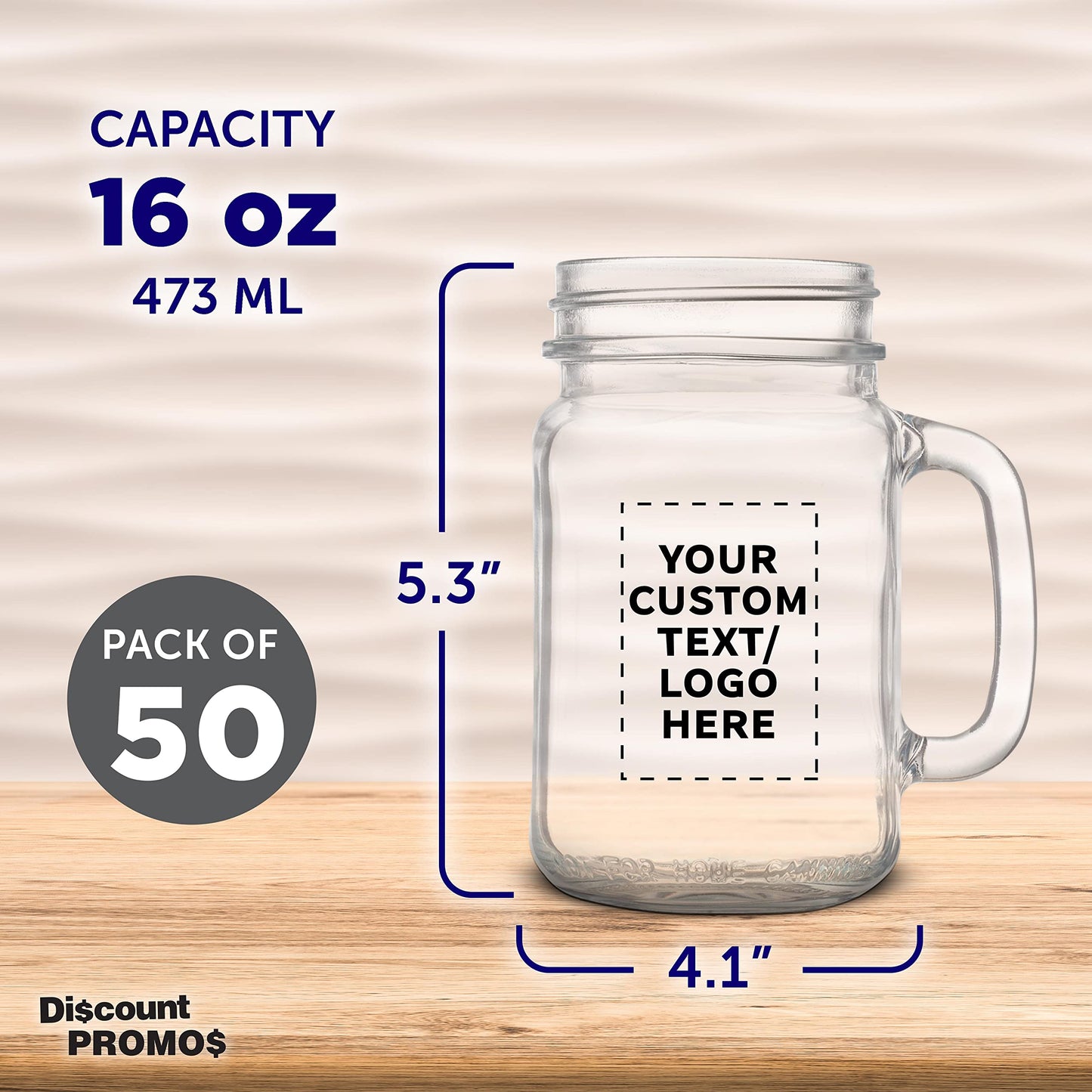 Optima Premium Mason Jar Set - 50 Clear 16 oz. Jars with Handles