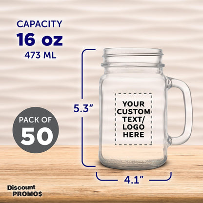 Optima Premium Mason Jar Set - 50 Clear 16 oz. Jars with Handles