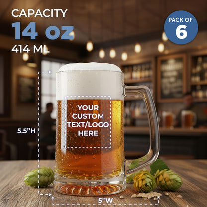 Optima Custom 14 oz Glass Beer Mugs - Set of 6 for Events