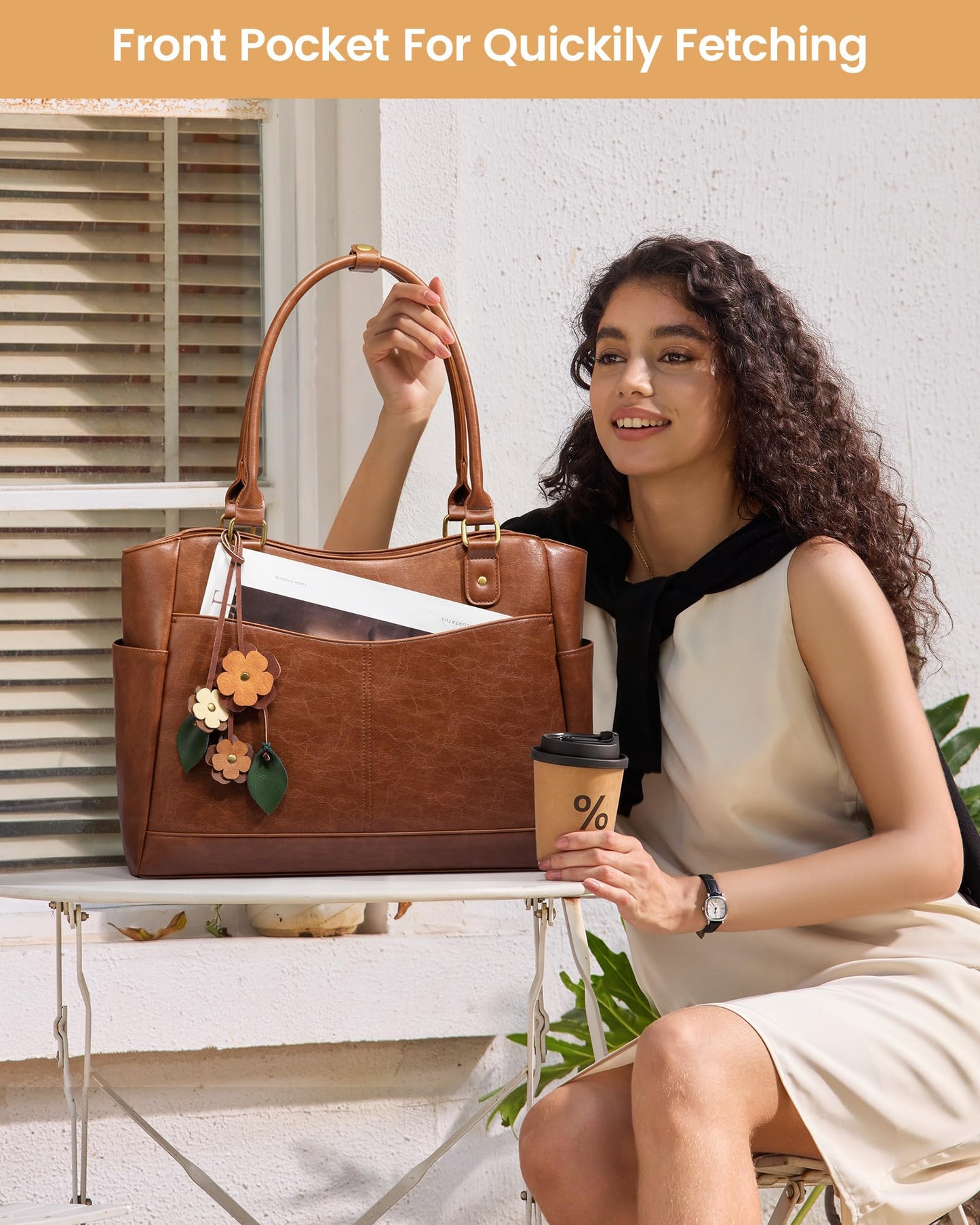 Optima Vintage Work Tote Bag - 15.6 inch Laptop, Brown, with Cup Holder