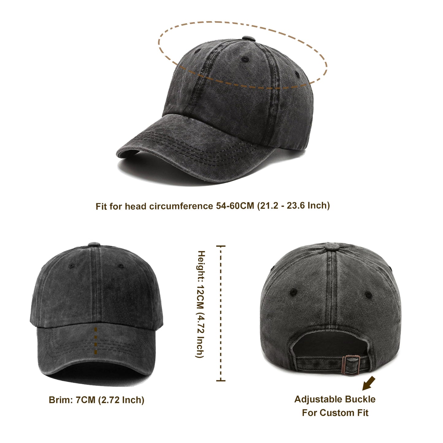 Optima Vintage Distressed Baseball Caps - Adjustable Unisex Style, Black