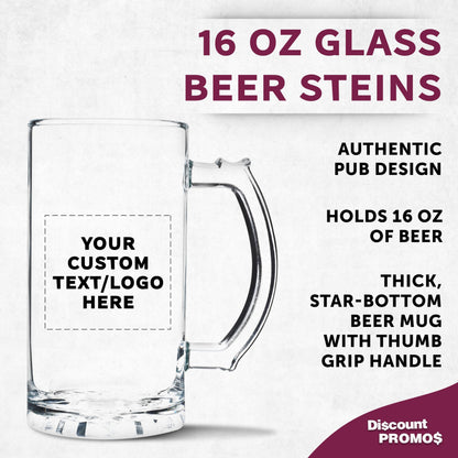 Optima Custom Glass Beer Mug Set - 16 oz, 100 Pack for Events