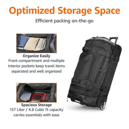 Optima Premium Rolling Duffel Bag - 35" Ripstop Luggage for Travel