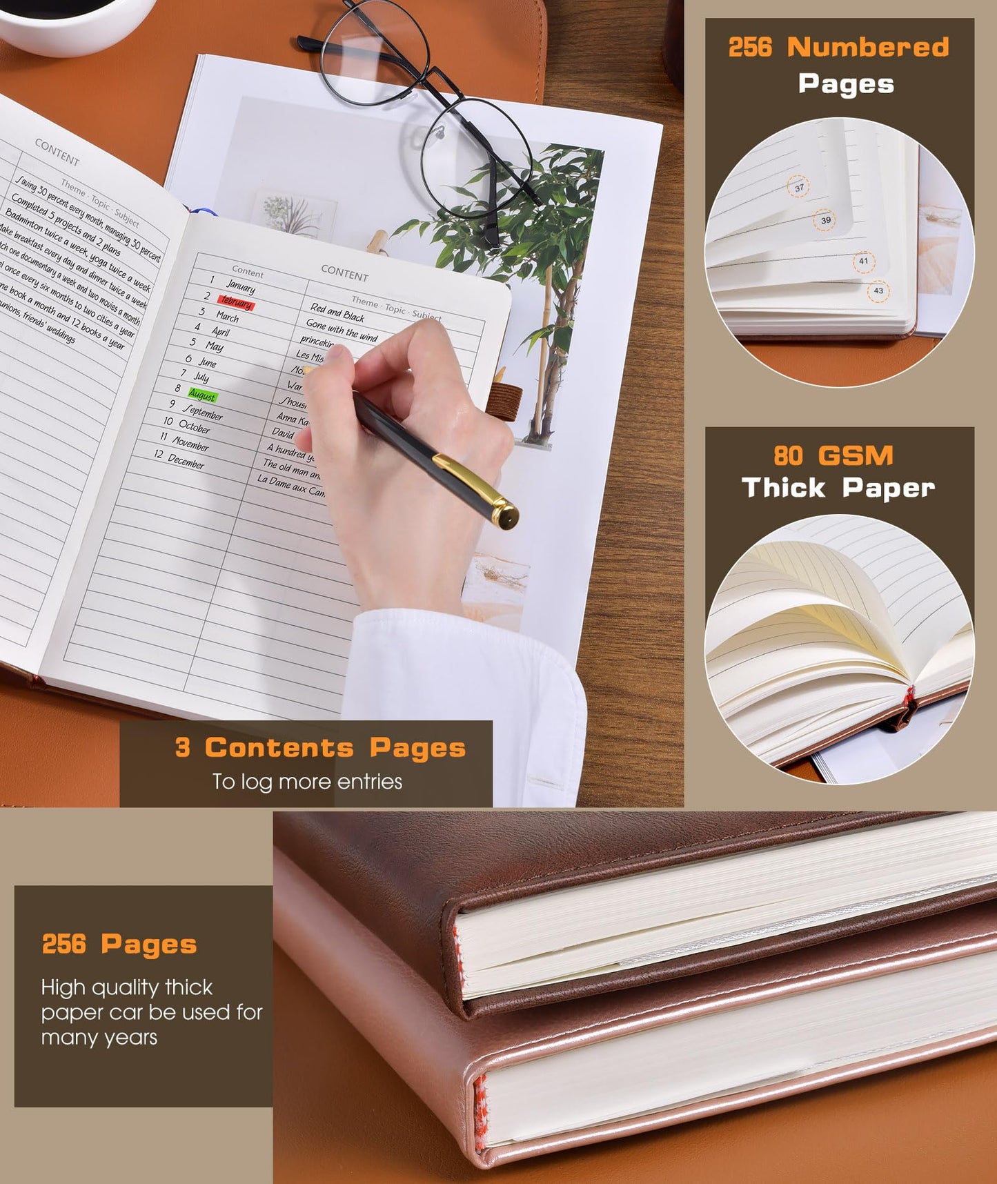 Optima Premium Leather Journal - A5 Size, 256 Numbered Pages