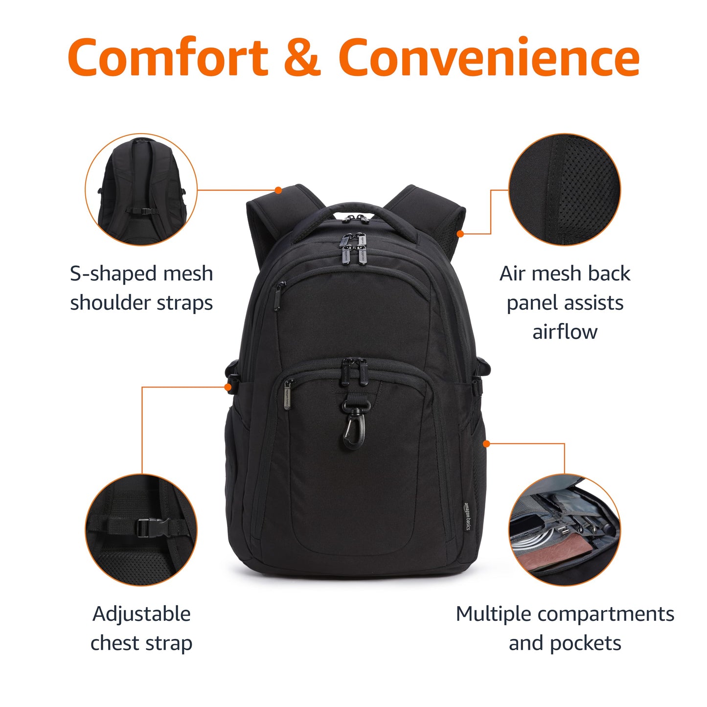 Optima Premium Travel Laptop Backpack - Fits 17" Laptops, Black