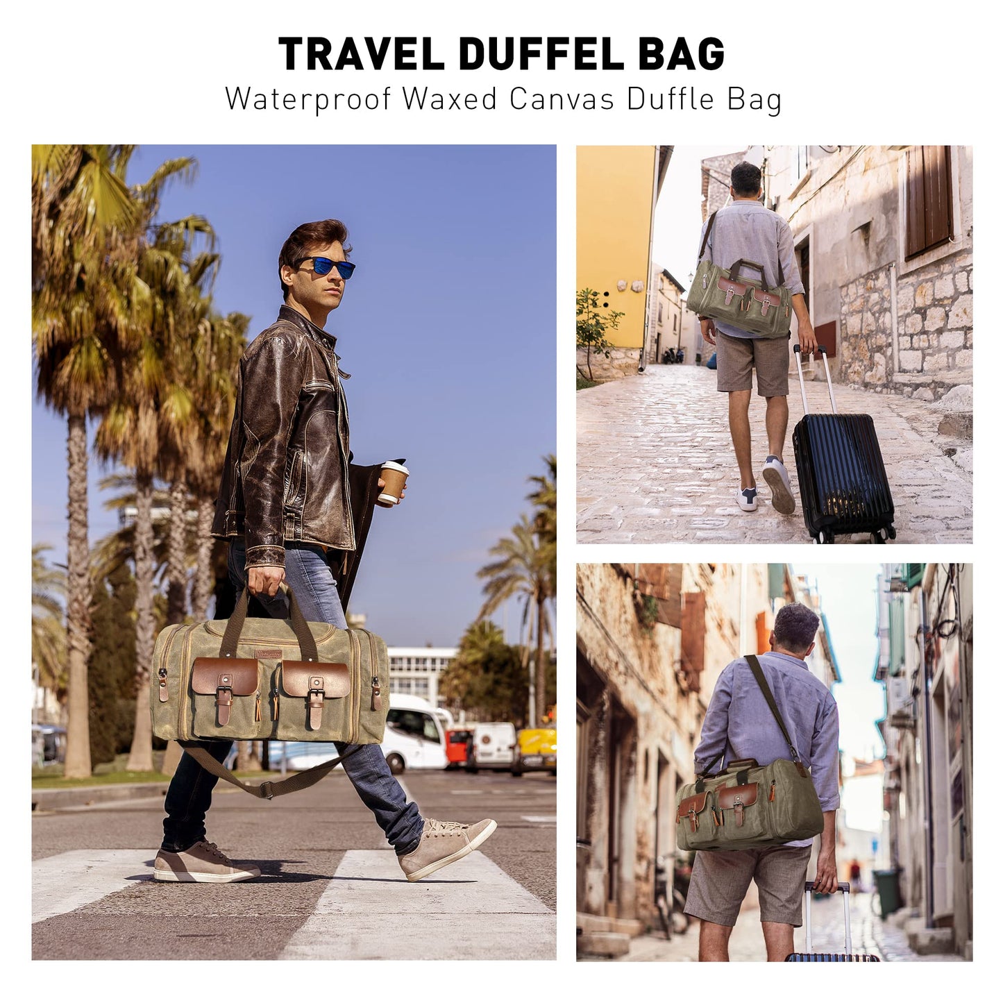 Optima Premium 50L Canvas Leather Duffel Bag - Expandable Weekender