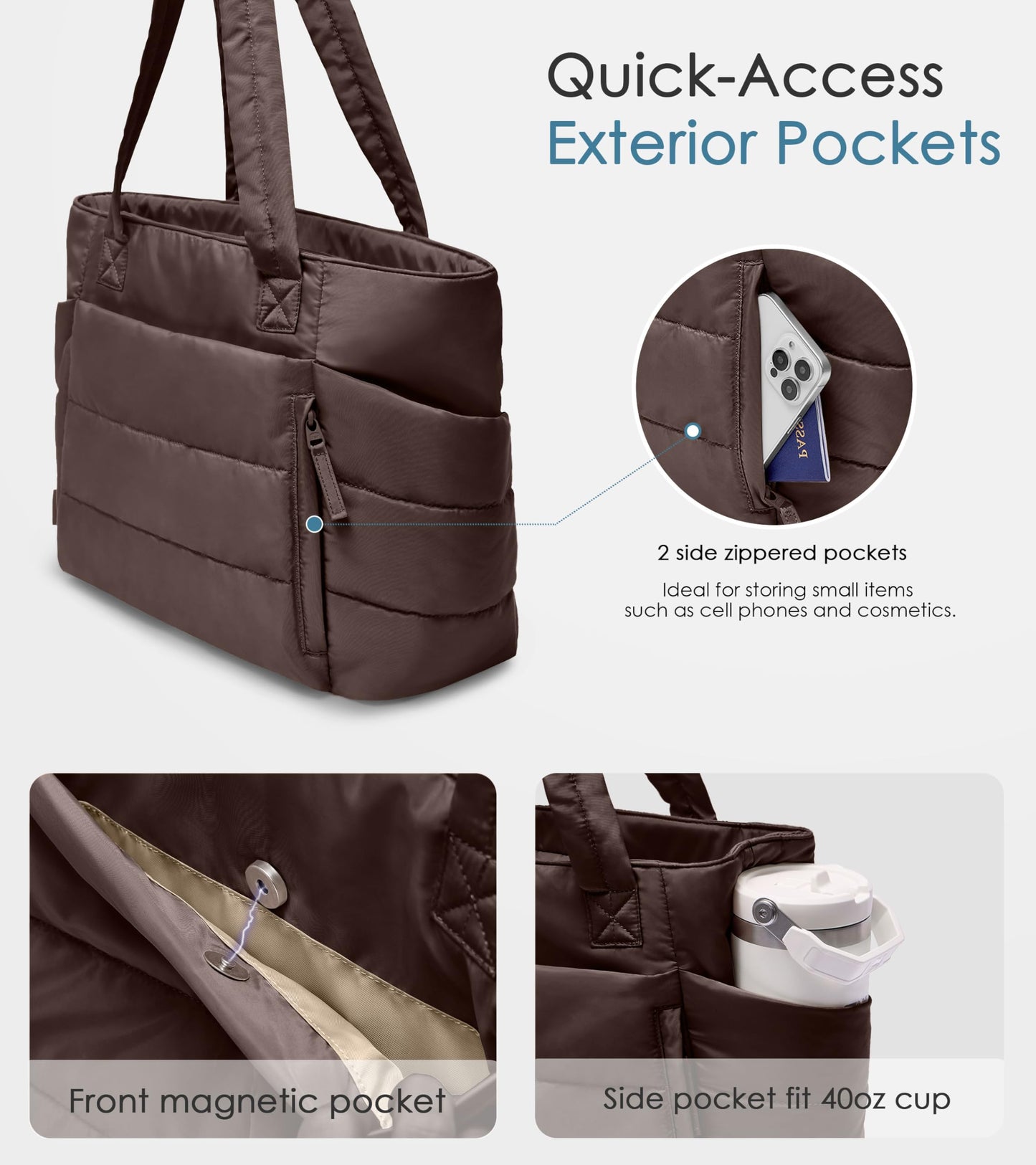Optima Quilted Puffer Tote Bag - Lightweight, Zippered, Dark Brown