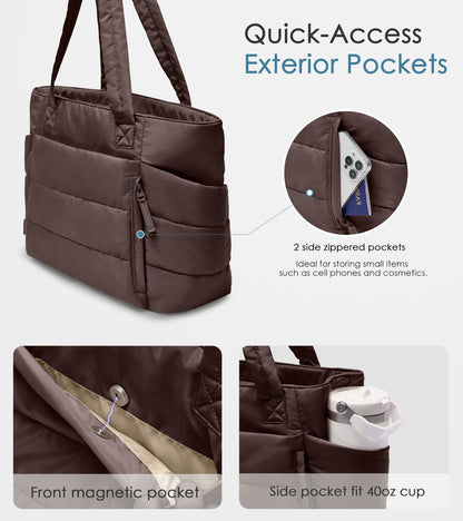Optima Quilted Puffer Tote Bag - Lightweight, Zippered, Dark Brown