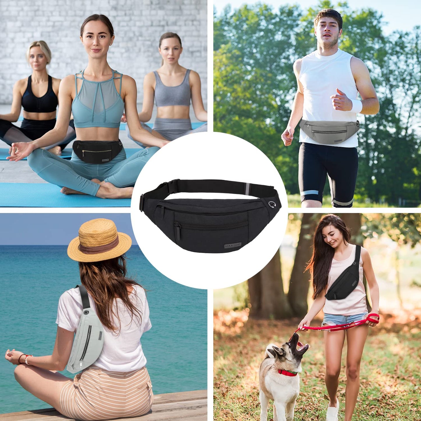 Optima Premium Large Waist Fanny Pack - 4-Zipper Pockets, Headphone Jack