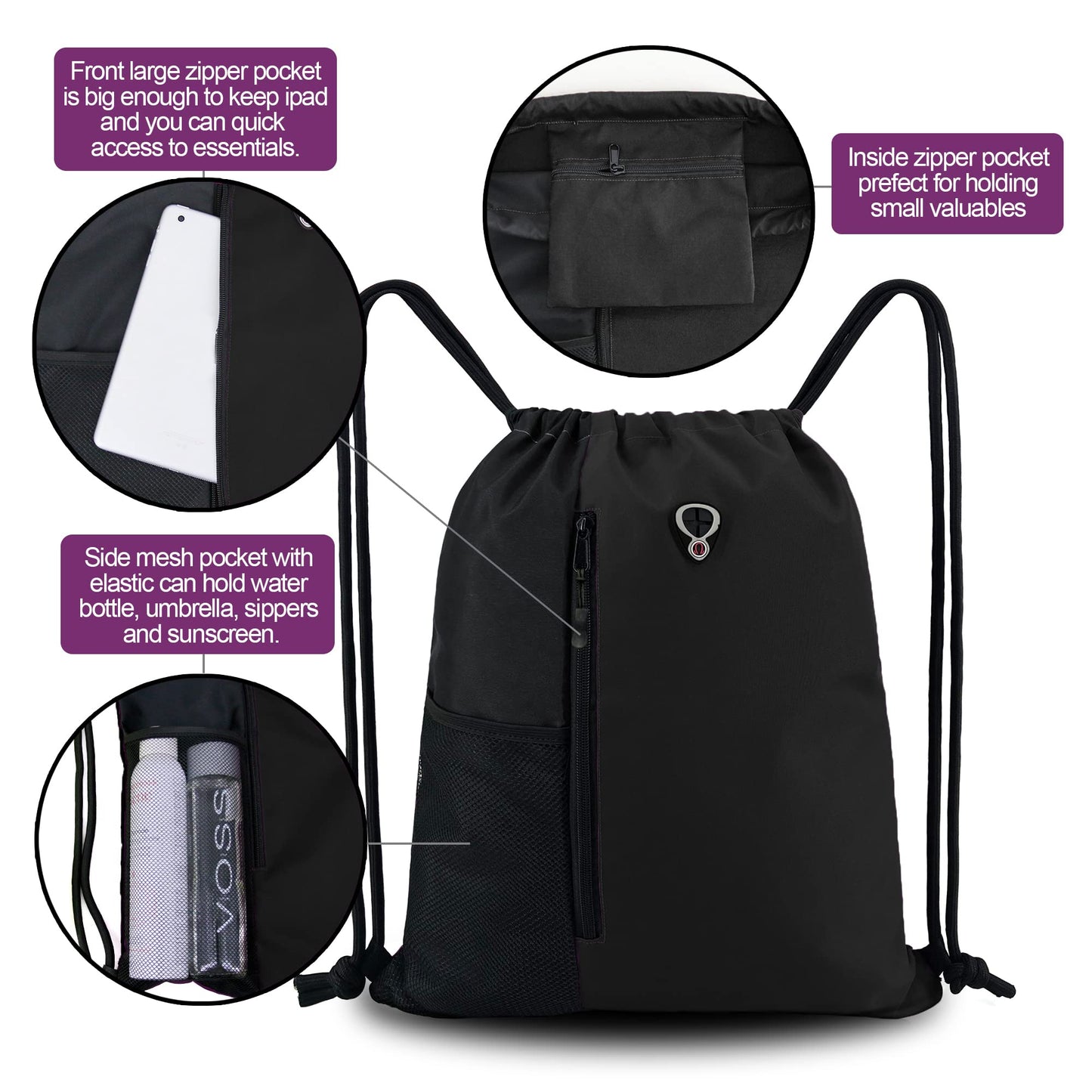 Optima Premium Drawstring Gym Backpack - Black with Water Bottle Pockets