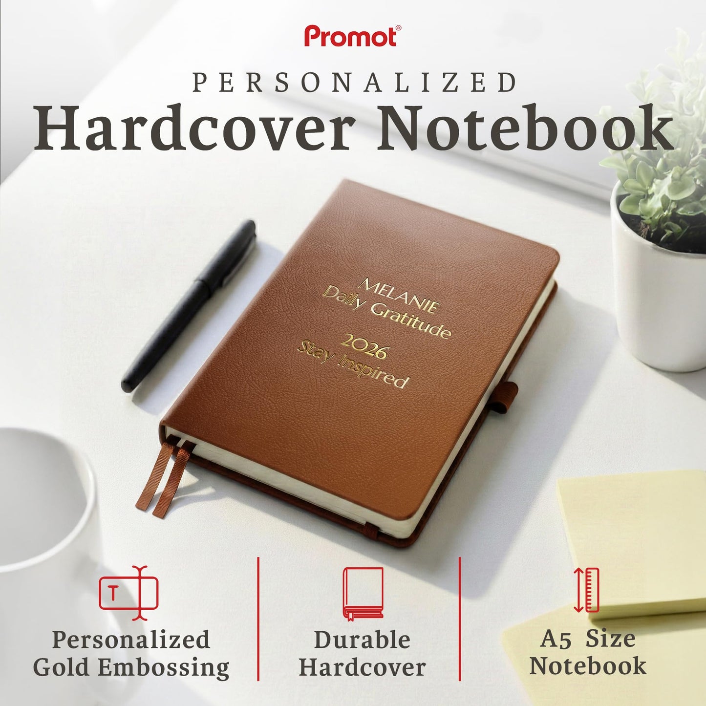 Optima Premium A5 Leather Journal - Custom Name Notebook, 192 Pages