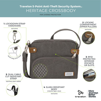 Optima Anti-Theft Heritage Crossbody Bag - Pewter, Stylish & Secure