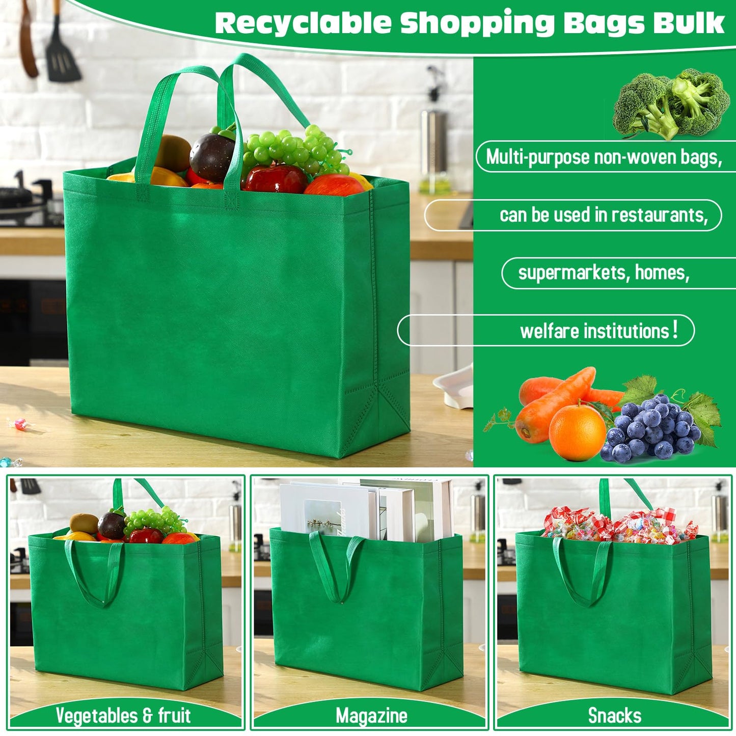 Optima Premium Reusable Tote Bags - 200 Pcs, Non-Woven, 16x6x12 Inch