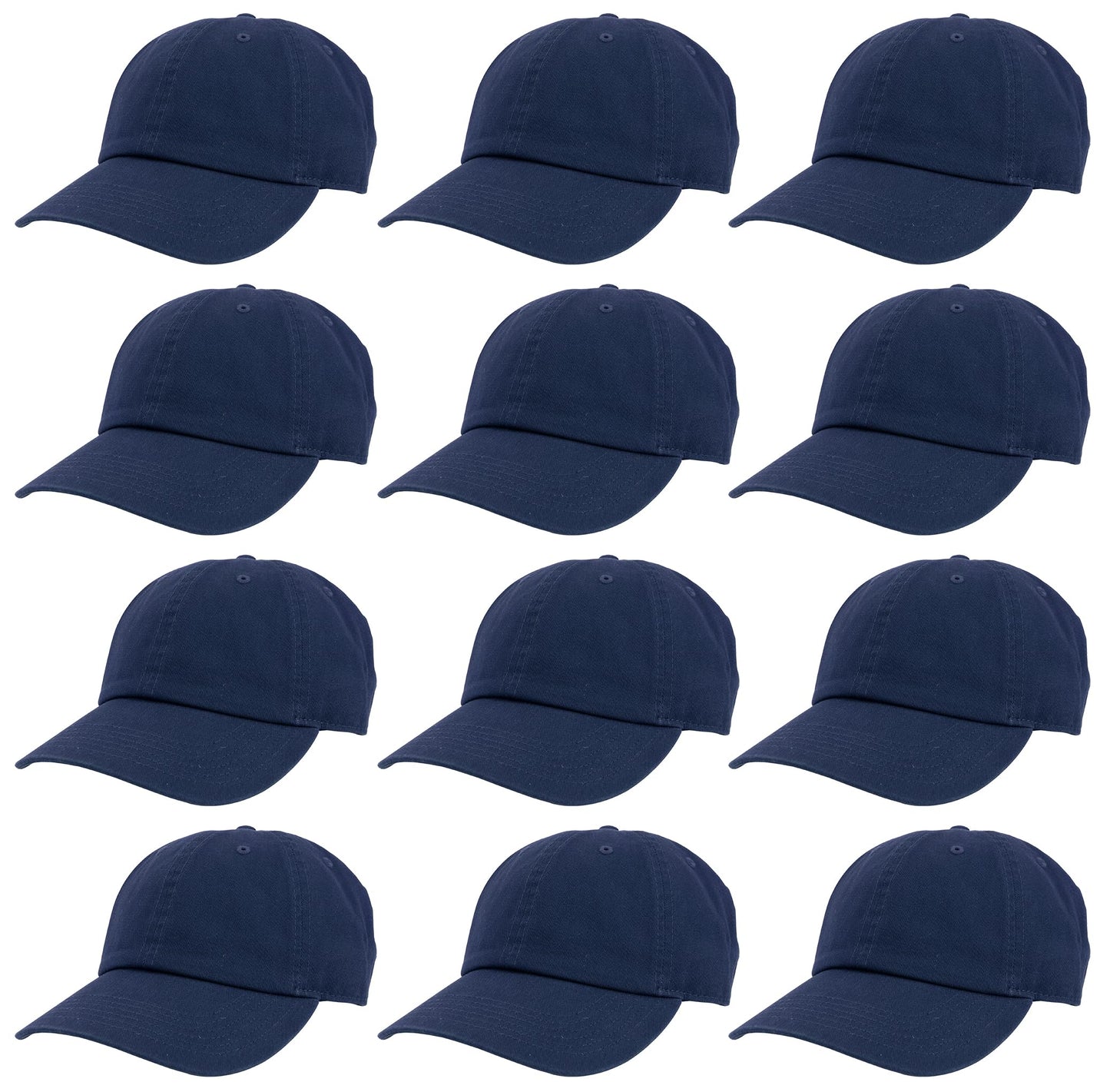 Optima Premium Cotton Baseball Caps - Adjustable Size, 12 Pack