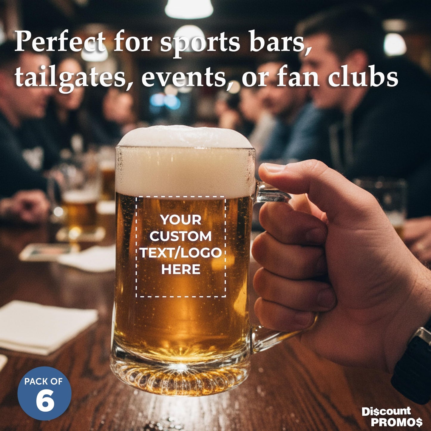 Optima Custom 14 oz Glass Beer Mugs - Set of 6 for Events