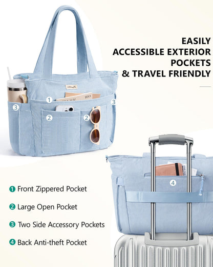 Optima Premium Corduroy Tote Bag - 17 Pockets for Daily Use
