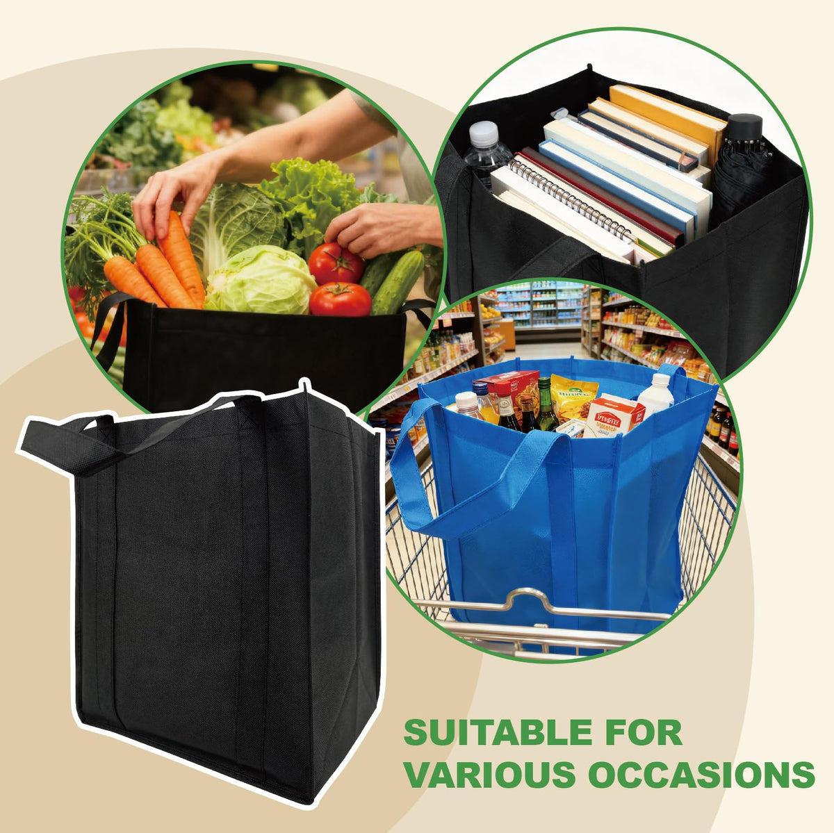 Optima Premium Reusable Tote Bags - 10 Pack, 50 lbs Capacity