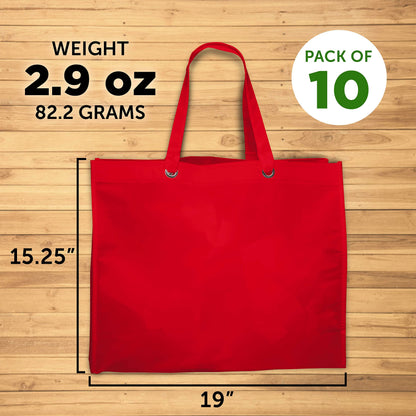 Optima Premium Reusable Canvas Tote Bags - 10 Pack - Red