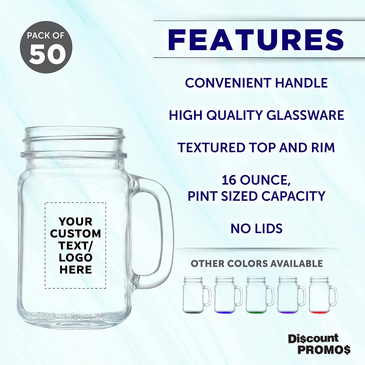Optima Premium Mason Jar Set - 50 Clear 16 oz. Jars with Handles
