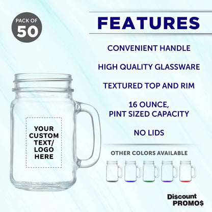 Optima Premium Mason Jar Set - 50 Clear 16 oz. Jars with Handles