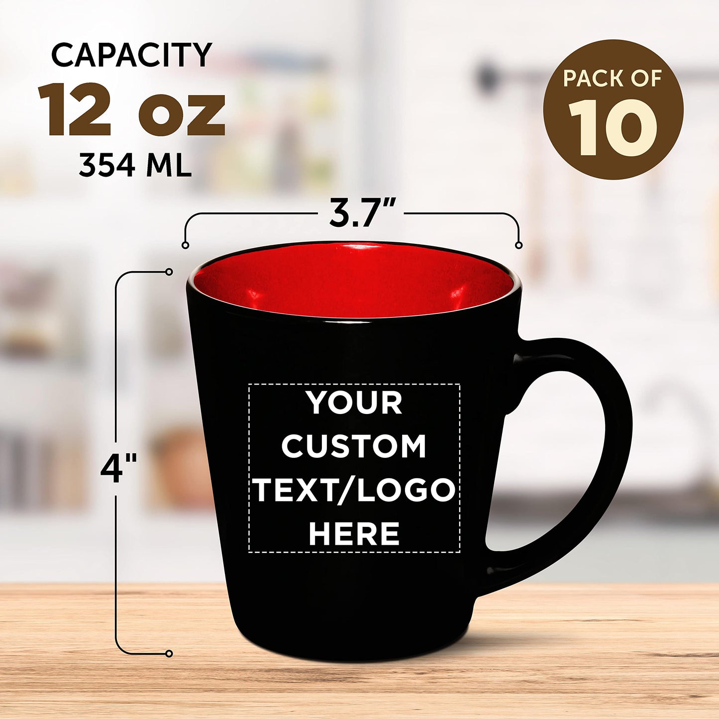 Optima Premium Ceramic Coffee Mugs Set - 12 oz, Personalized, Red
