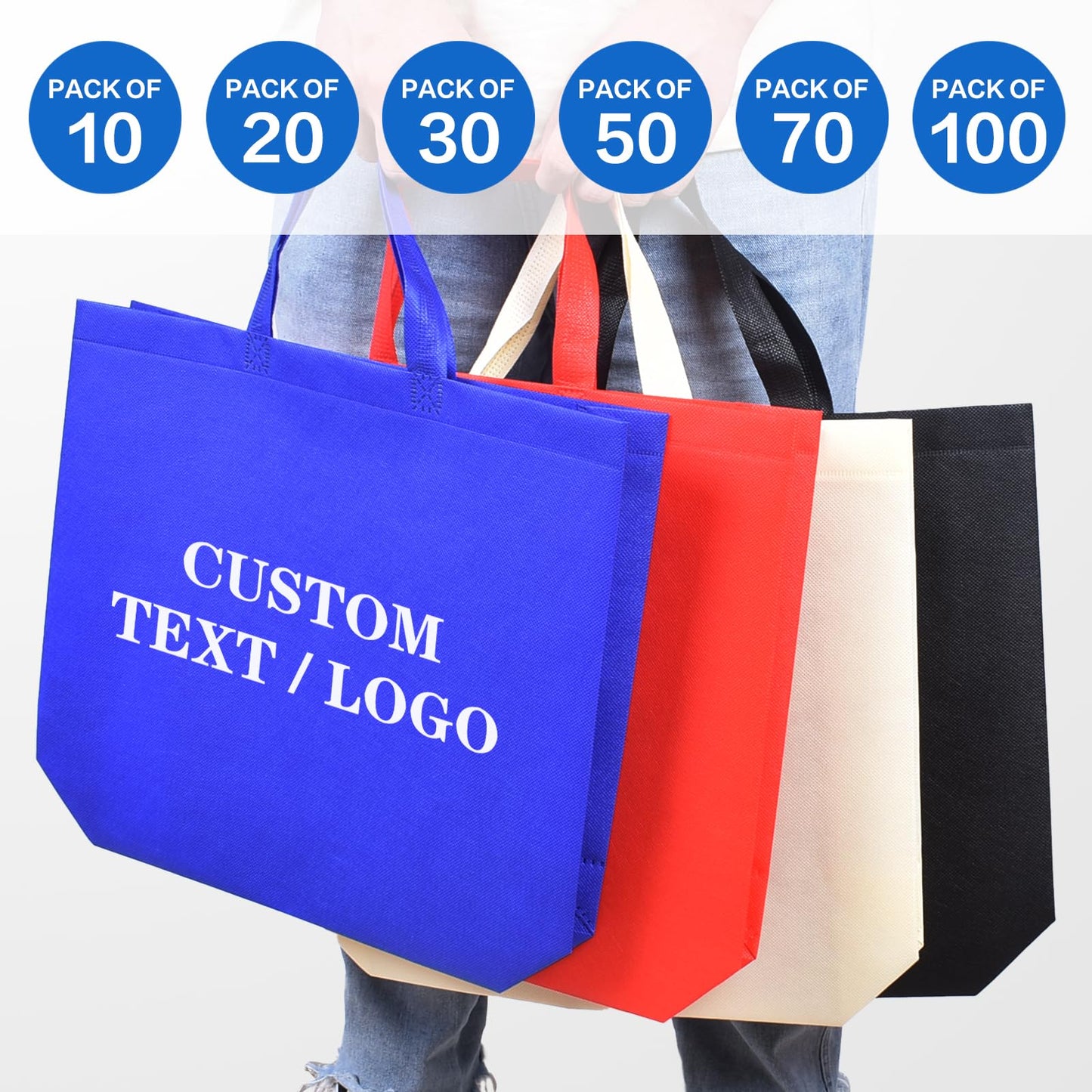 Optima Premium Custom Tote Bags - 100 Pack, Reusable Grocery Bags