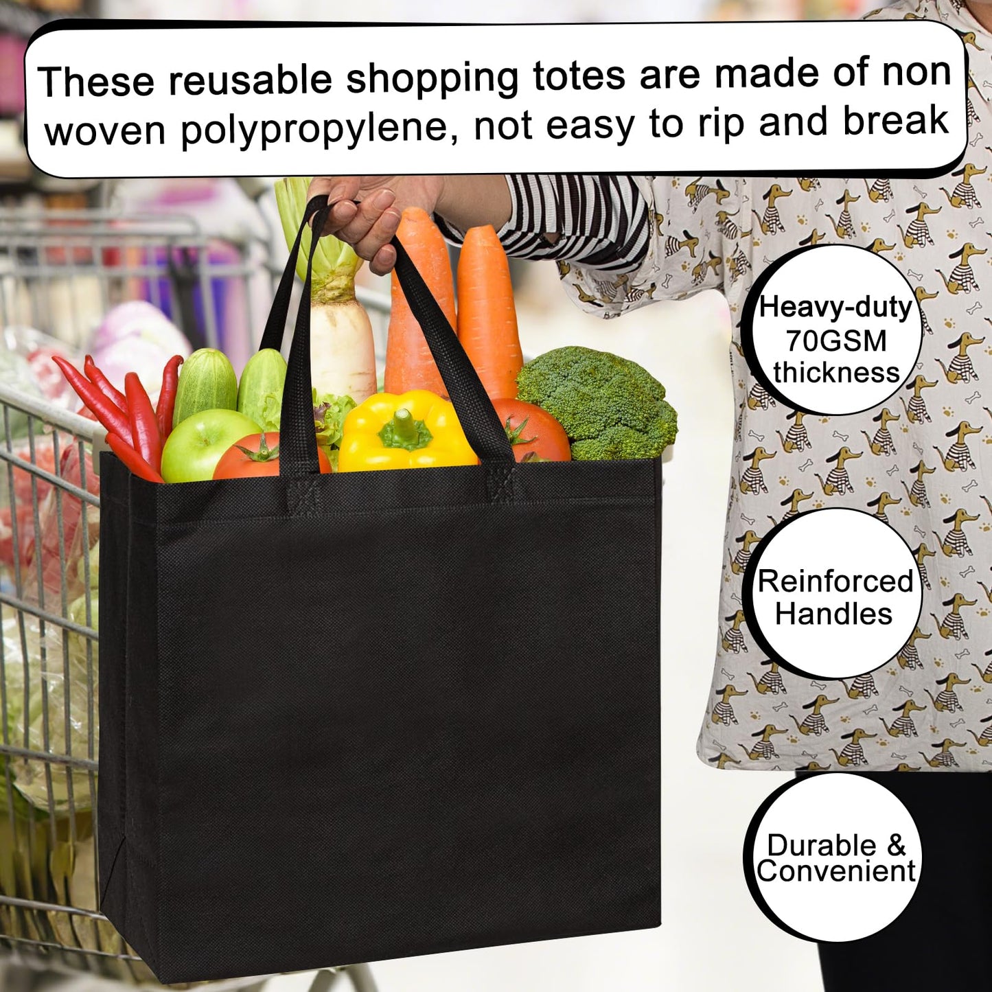 Optima Premium 50-Pack Black Reusable Tote Bags - Non-Woven Material