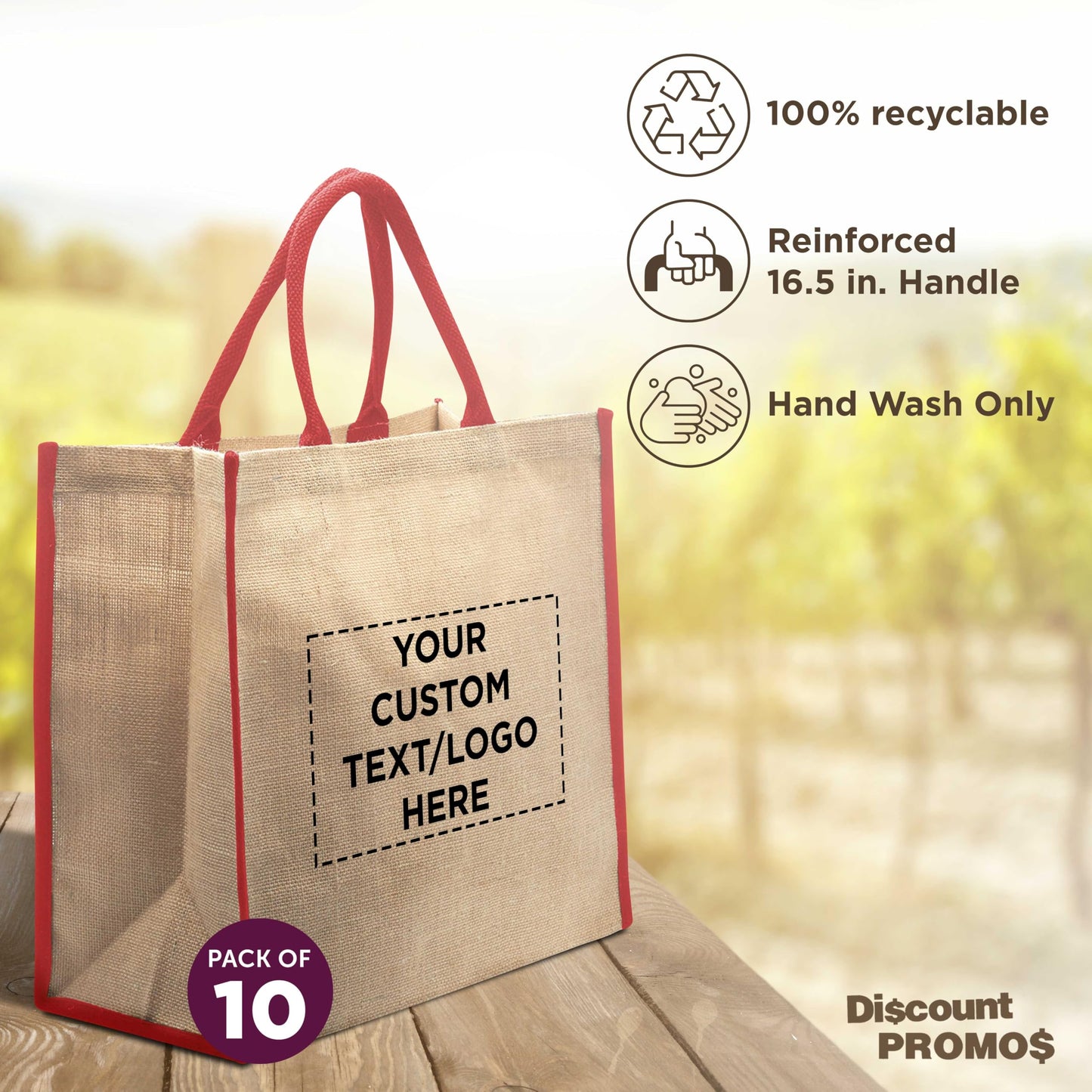 Optima Eco-Friendly Jute Tote Bags - 10 Pack, Customizable
