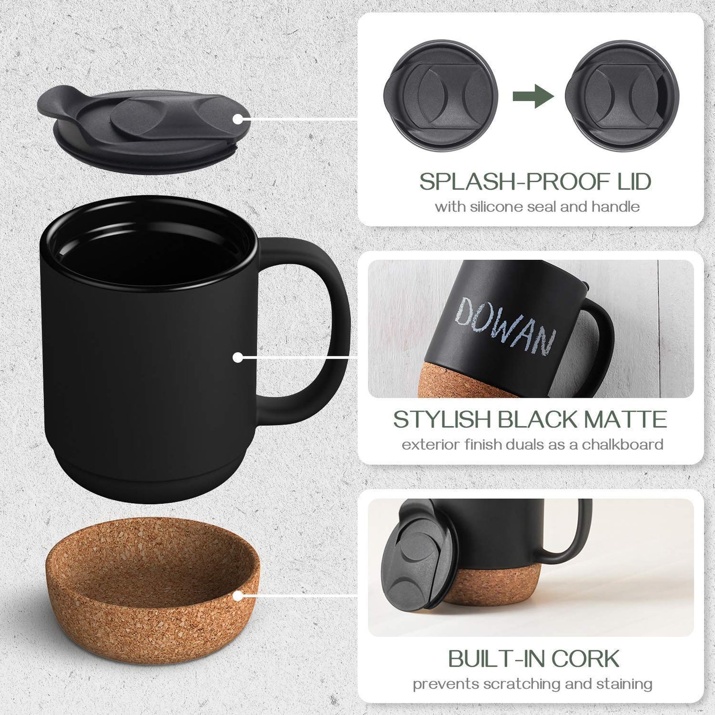 Optima Premium Ceramic Coffee Mugs - 15 oz Set of 2 with Cork Lid
