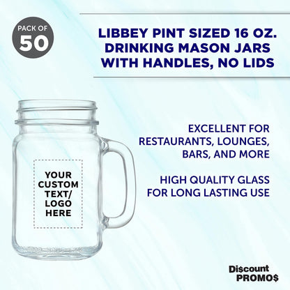 Optima Premium Mason Jar Set - 50 Clear 16 oz. Jars with Handles