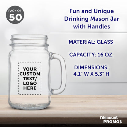 Optima Premium Mason Jar Set - 50 Clear 16 oz. Jars with Handles