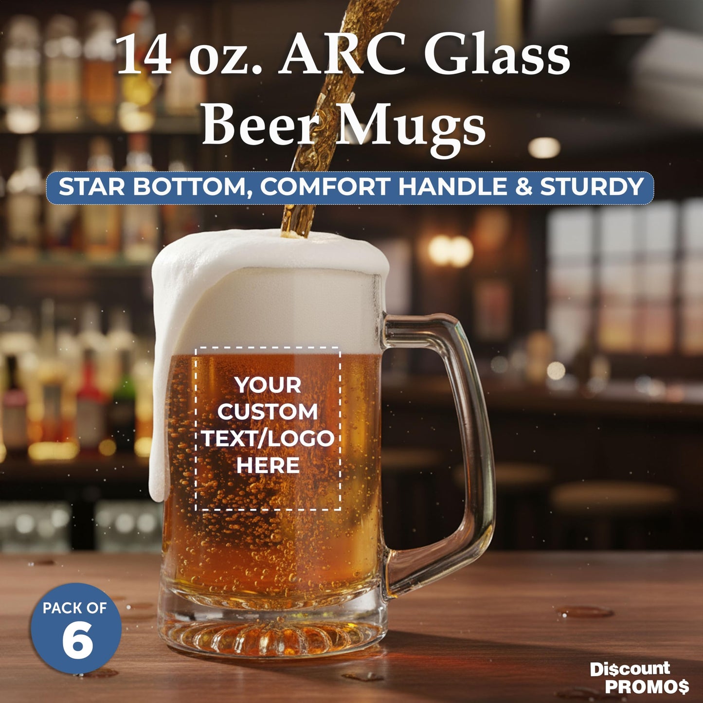 Optima Custom 14 oz Glass Beer Mugs - Set of 6 for Events
