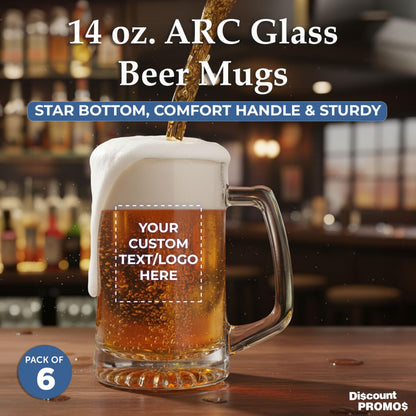 Optima Custom 14 oz Glass Beer Mugs - Set of 6 for Events