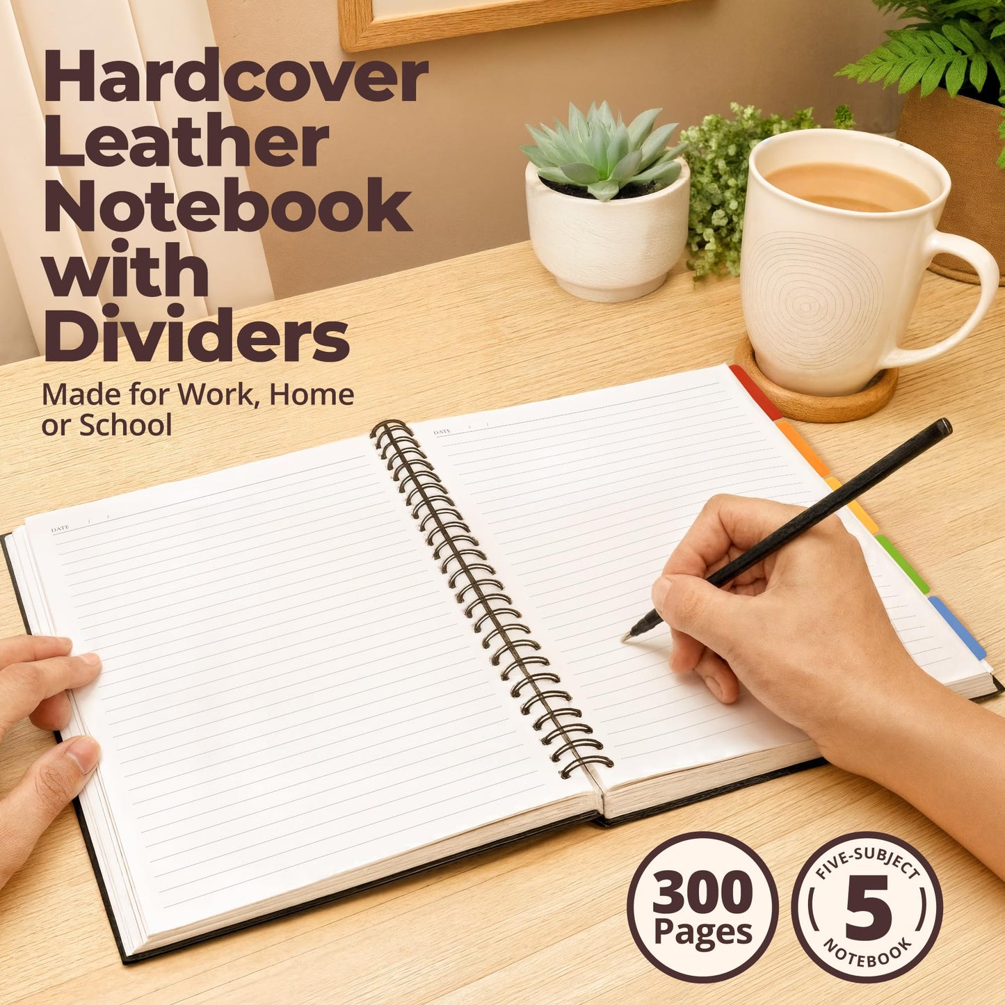 Optima Premium Leather Spiral Notebook - 8x10, 300 Pages, 5 Subject