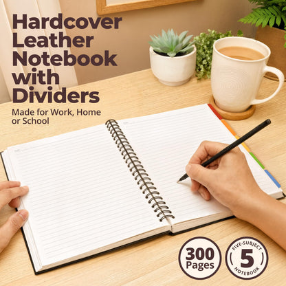 Optima Premium Leather Spiral Notebook - 8x10, 300 Pages, 5 Subject