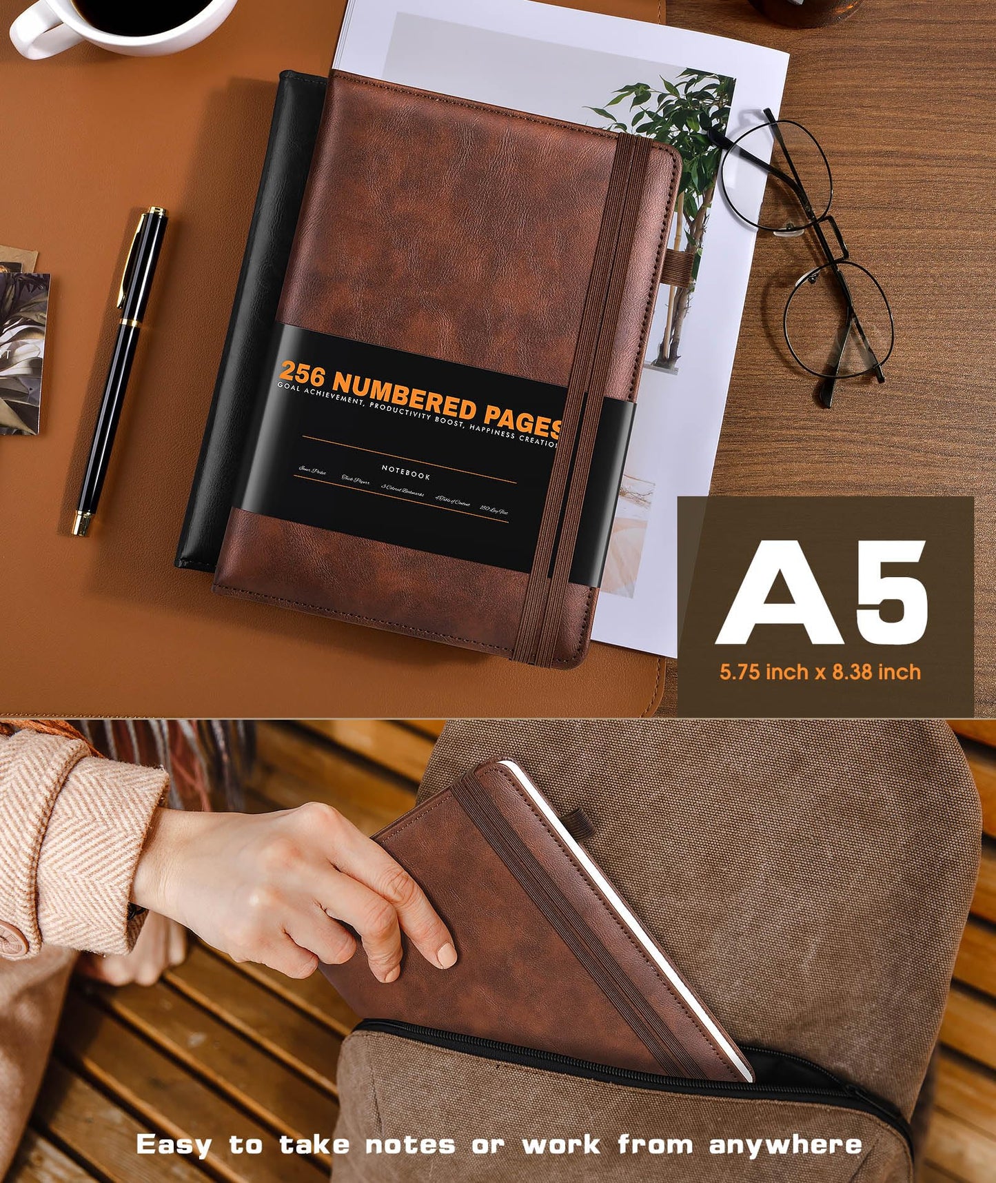 Optima Premium Leather Journal - A5 Size, 256 Numbered Pages